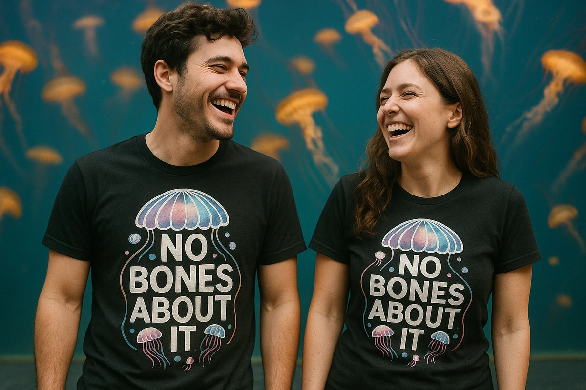 Person wearing the black jellyfish shirts graphic tee - "No Bones About It" design