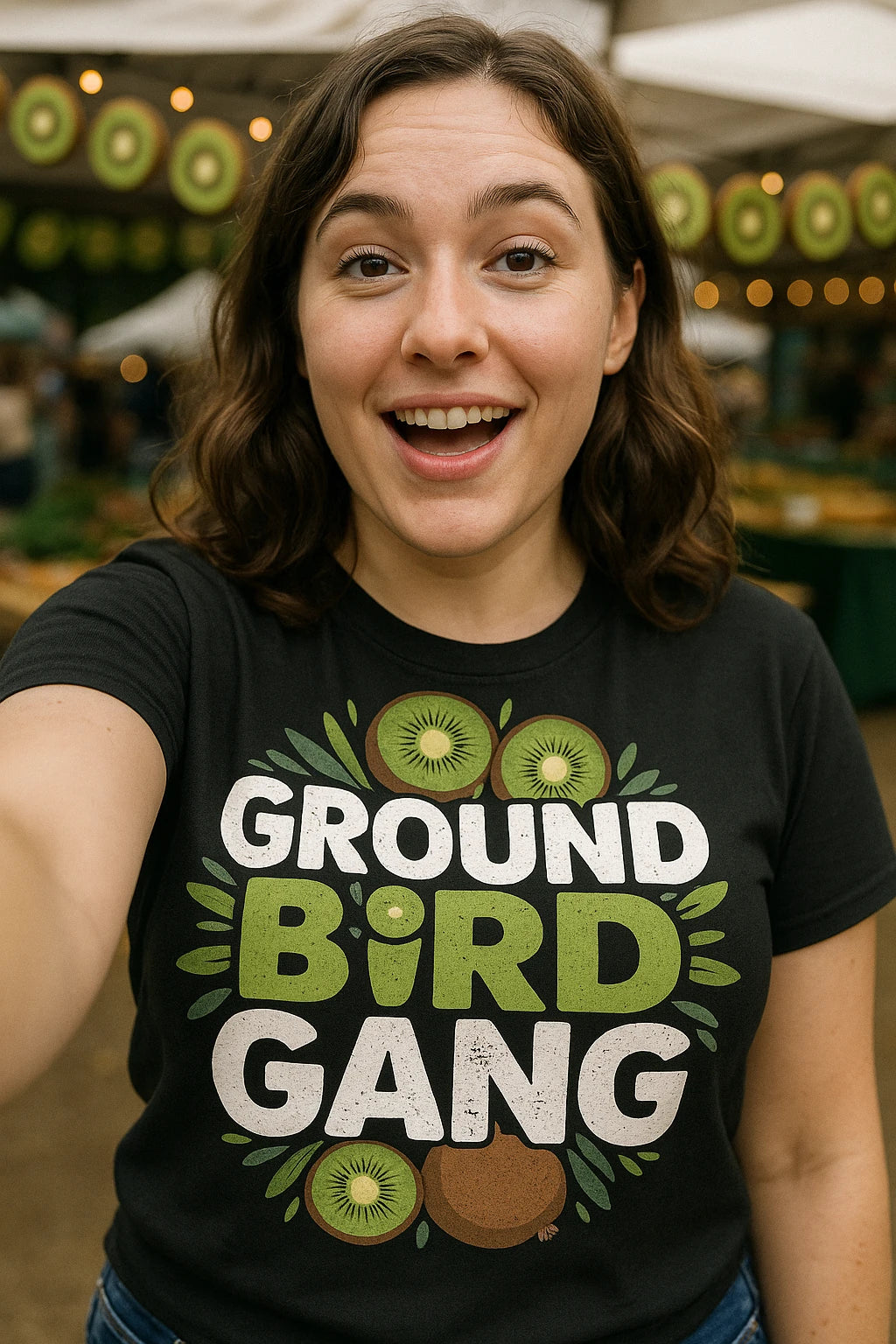 "Ground Bird Gang" black kiwis t shirt, photographed as kiwis lover gift