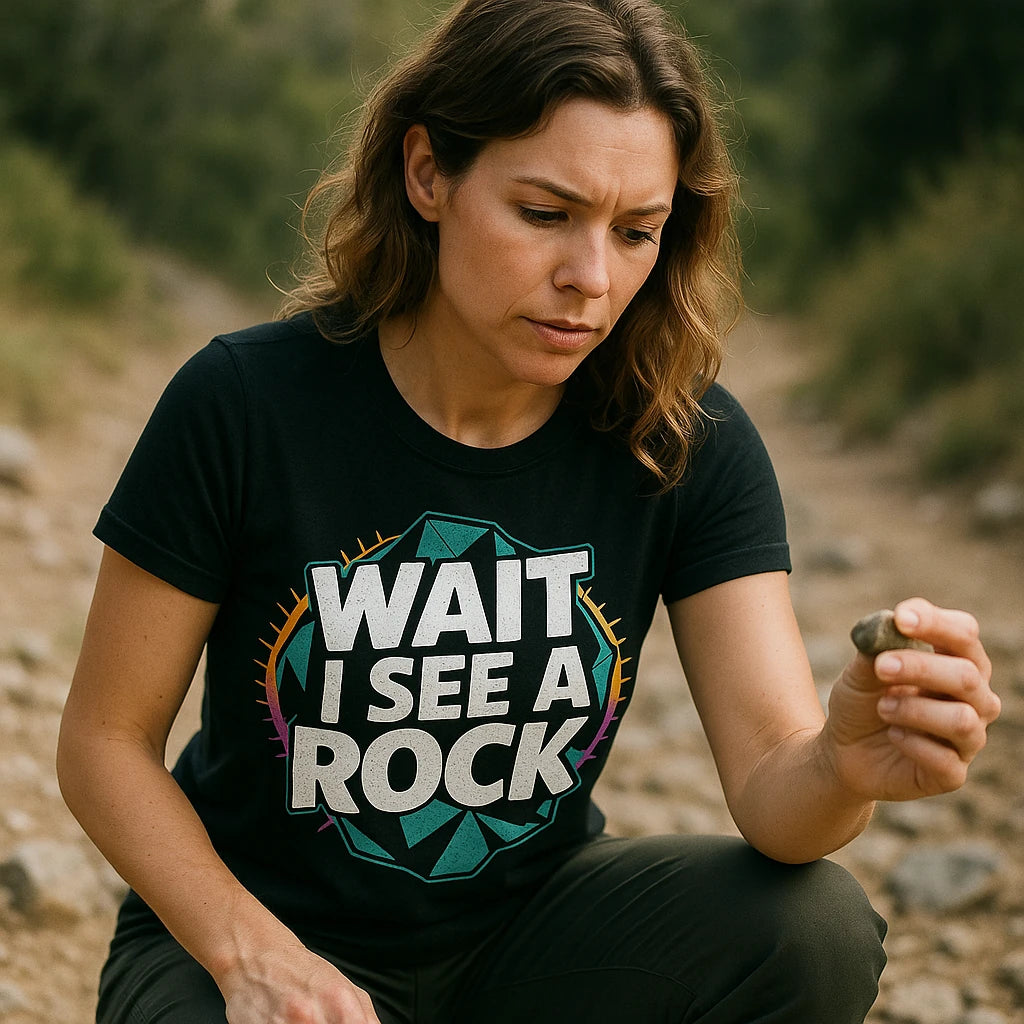 "Wait I See a Rock" black rock hounding shirts, photographed as rock hounding gift