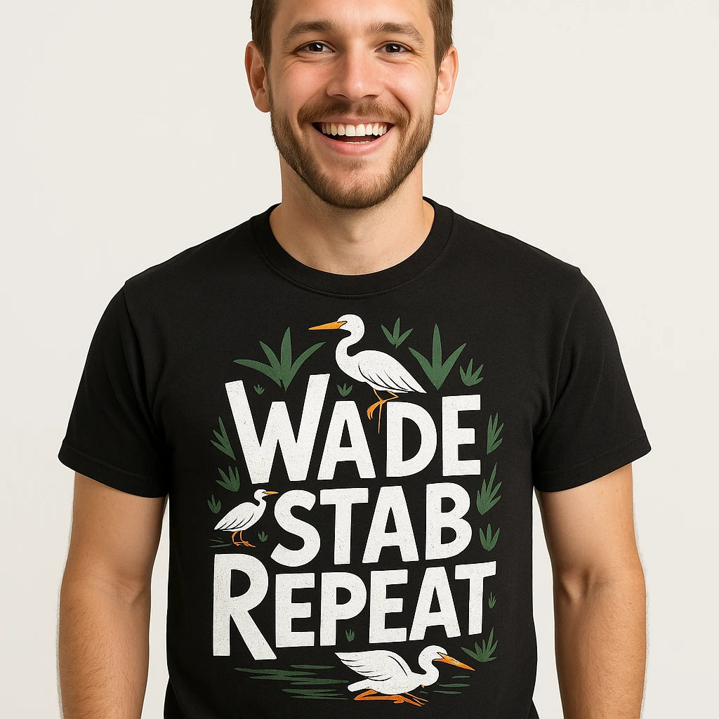 Close-up of the "Wade Stab Repeat" white print on a premium Bella+Canvas black egrets t shirt