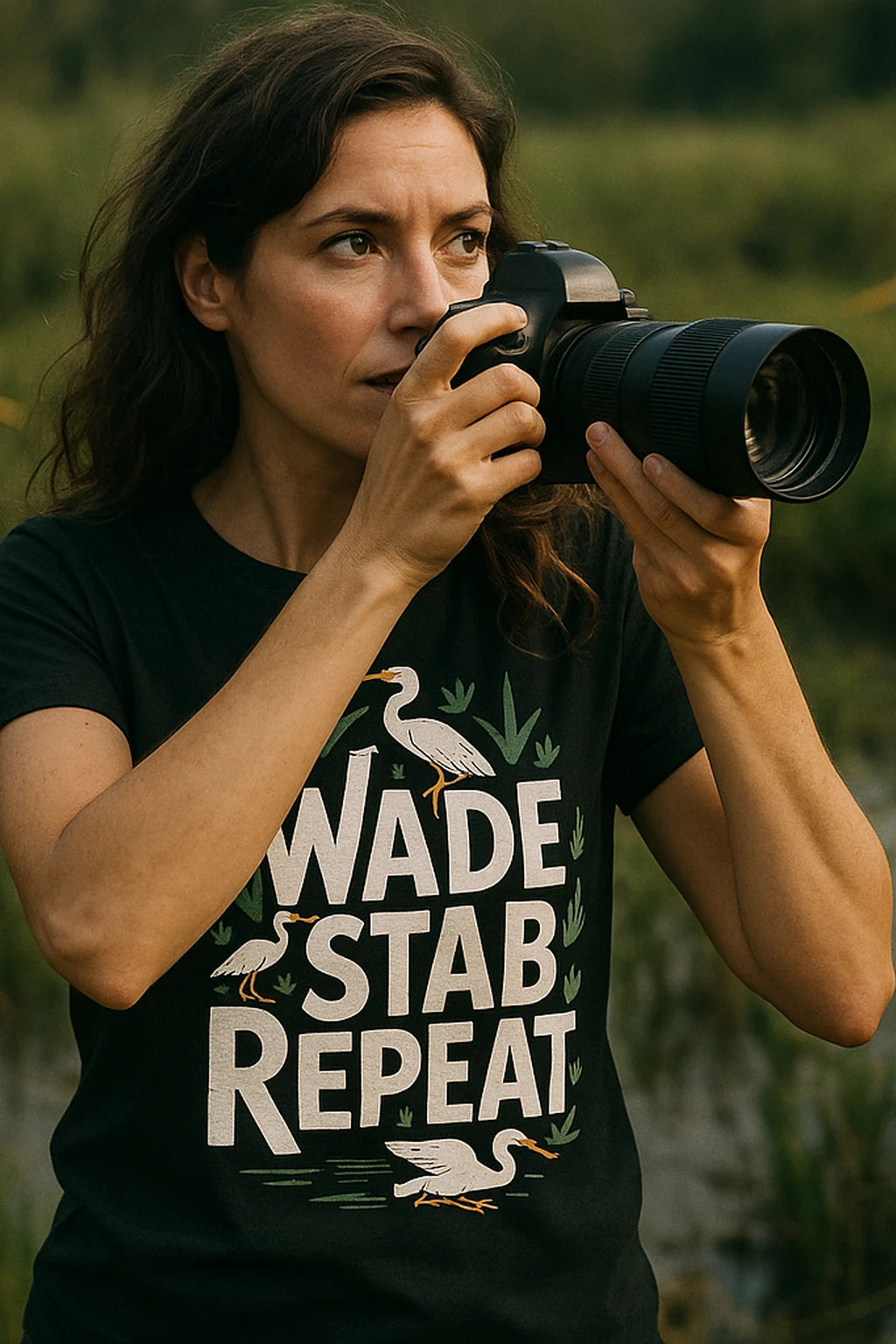 "Wade Stab Repeat" black egrets t shirt, photographed as egrets lover gift