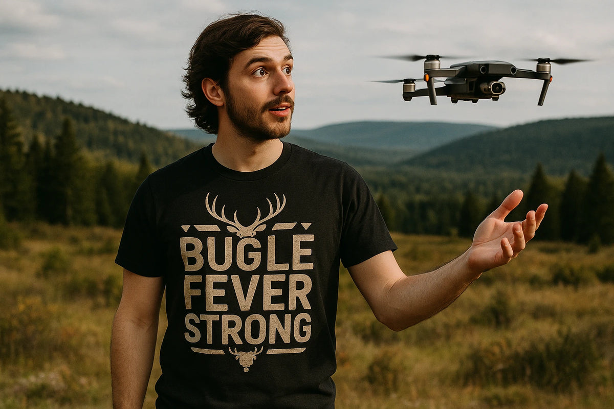 Lifestyle shot of the "Bugle Fever Strong" black elk shirts in a real-world setting