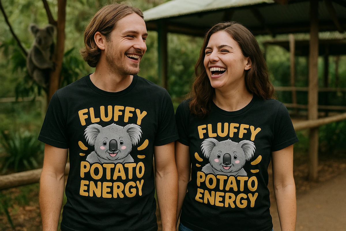 Person wearing the black koala tees graphic tee - "Fluffy Potato Energy" design