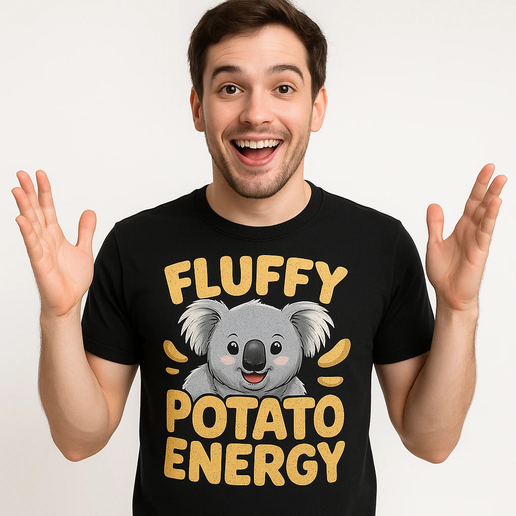 Close-up of the "Fluffy Potato Energy" gold print on a premium Bella+Canvas black koala tees