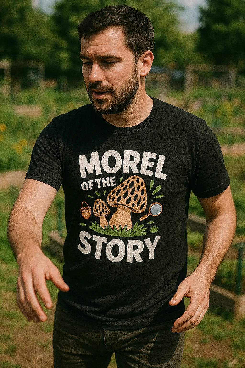 "Morel of the Story" black foraging t shirt - a birthday gift for foraging lover
