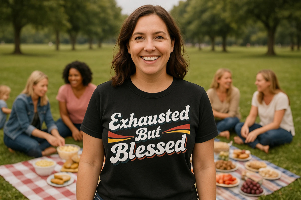 Lifestyle shot of the "Exhausted But Blessed" black mom life shirts in a real-world setting