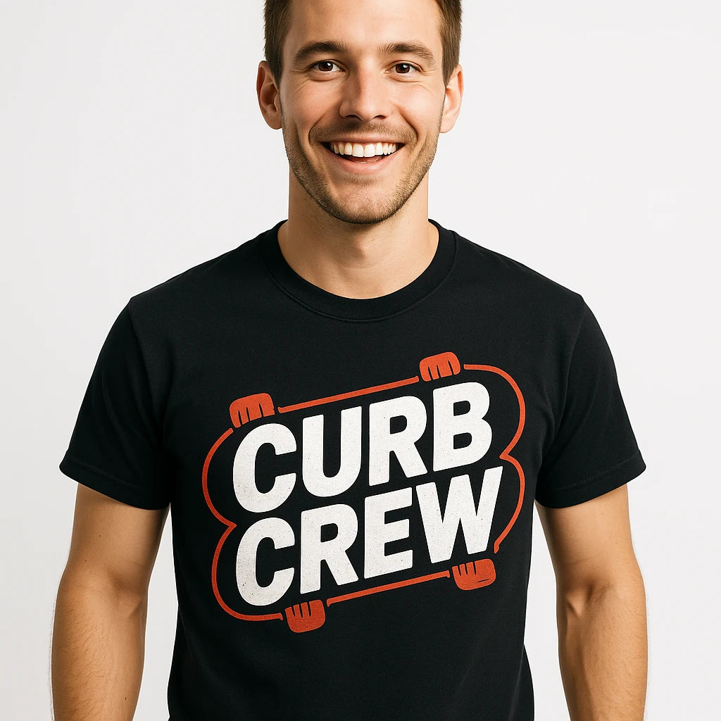 Close-up of the "Curb Crew" white print on a premium Bella+Canvas black skateboard long sleeve shirts