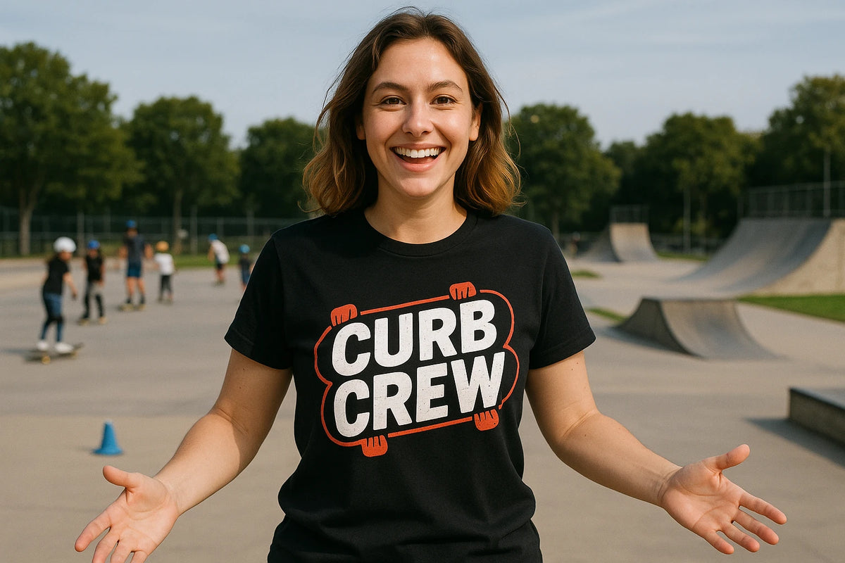 Lifestyle shot of the "Curb Crew" black skateboard long sleeve shirts in a real-world setting