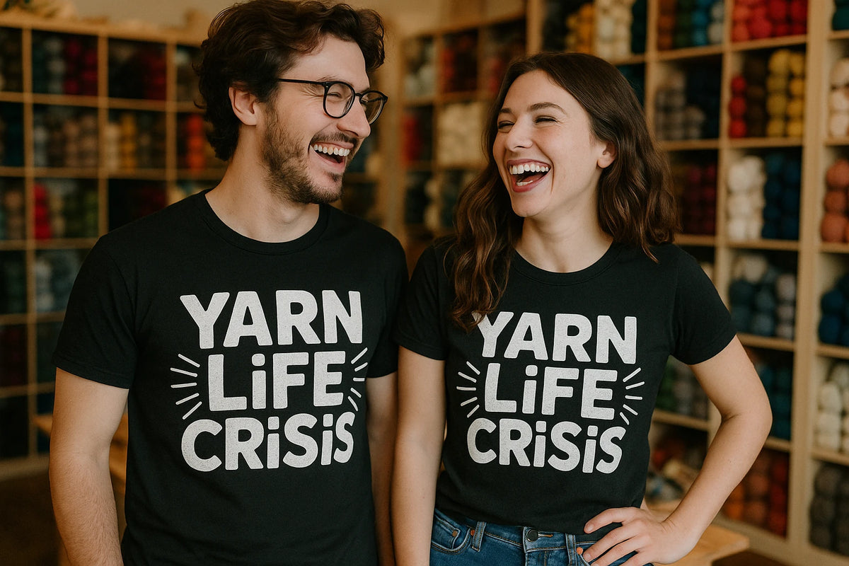 Person wearing the black mens knitted t shirt graphic tee - "Yarn Life Crisis" design