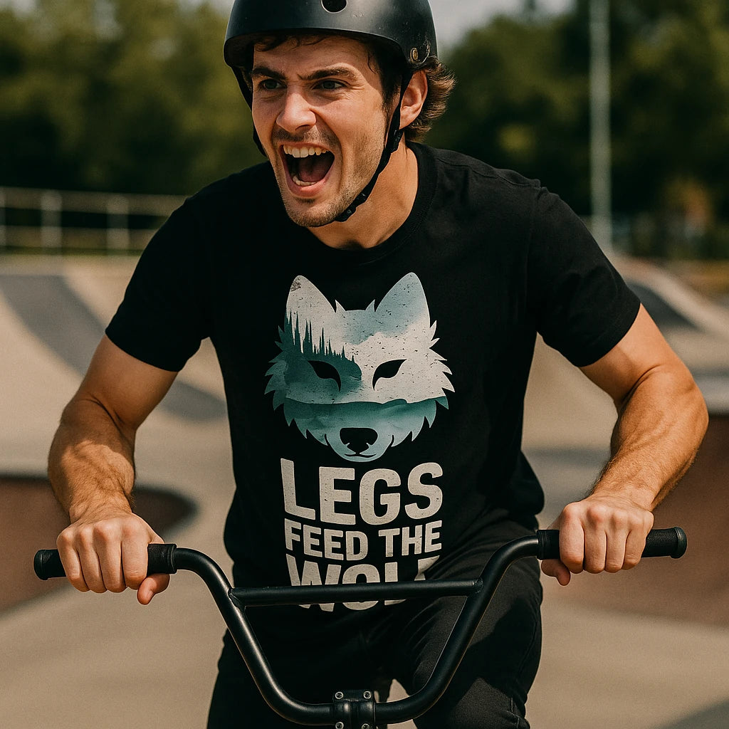 "Legs Feed the Wolf" black bike shirts mens, photographed as gifts for biking lovers