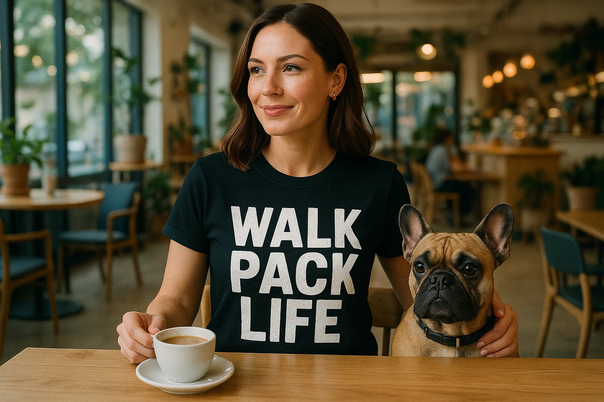 Lifestyle shot of the "Walk Pack Life" black dog lovers tee shirts in a real-world setting