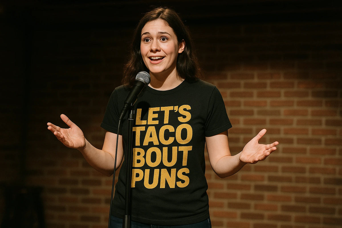 Lifestyle shot of the "Lets Taco Bout Puns" black comedy tshirts in a real-world setting