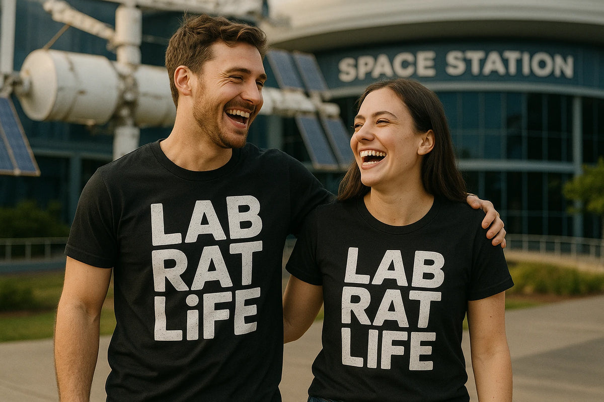 Person wearing the black space station t shirt graphic tee - "Lab Rat Life" design