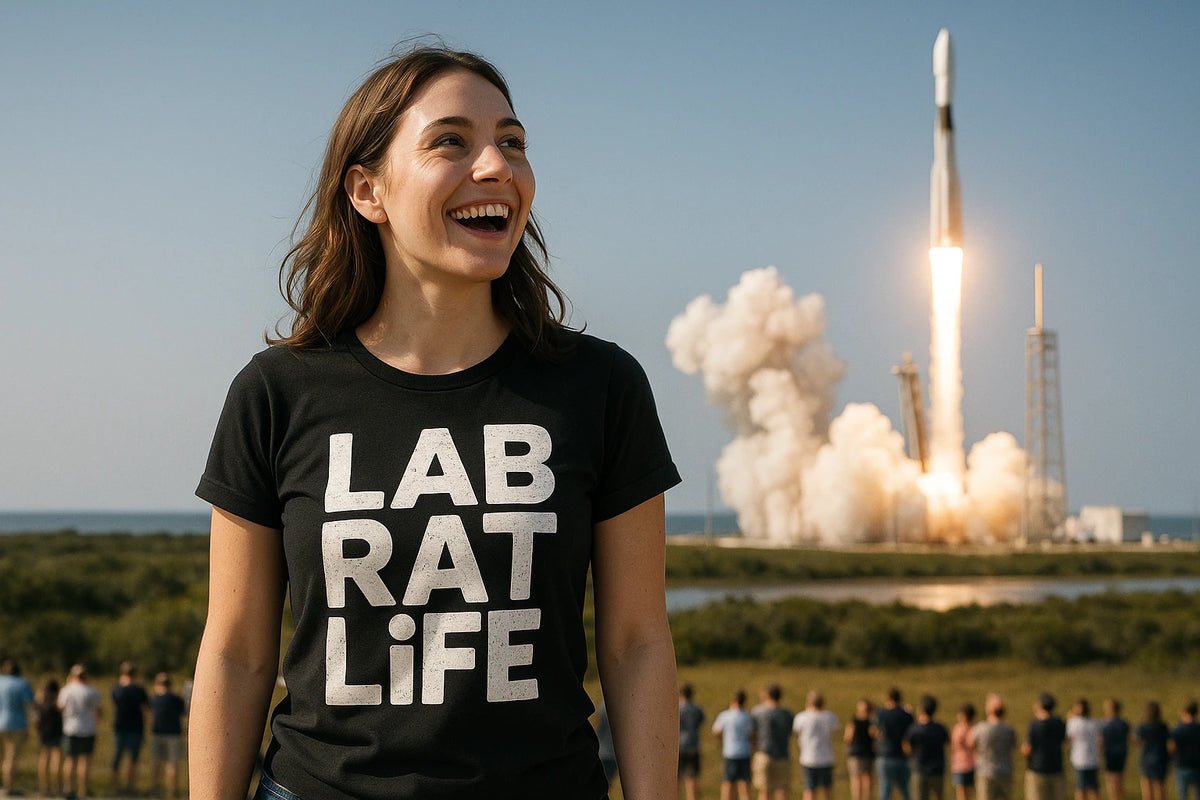 Lifestyle shot of the "Lab Rat Life" black space station t shirt in a real-world setting