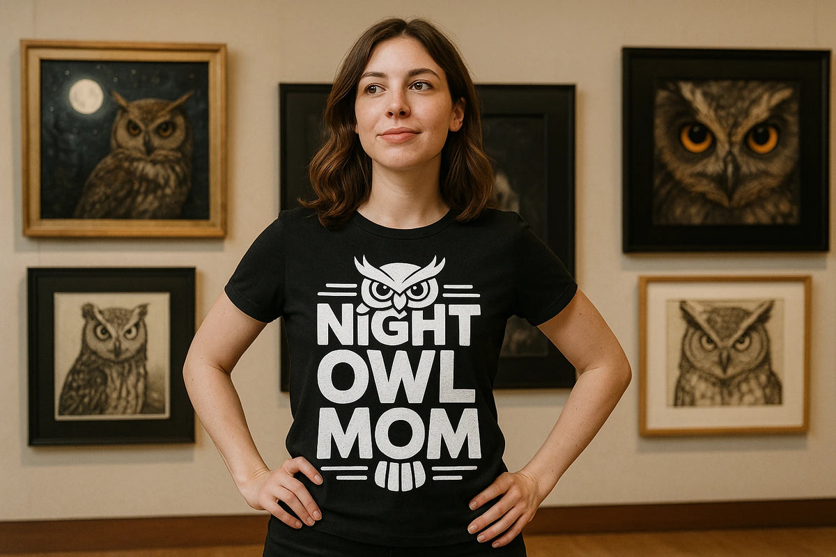 Lifestyle shot of the "Night Owl Mom" black owl t shirt in a real-world setting
