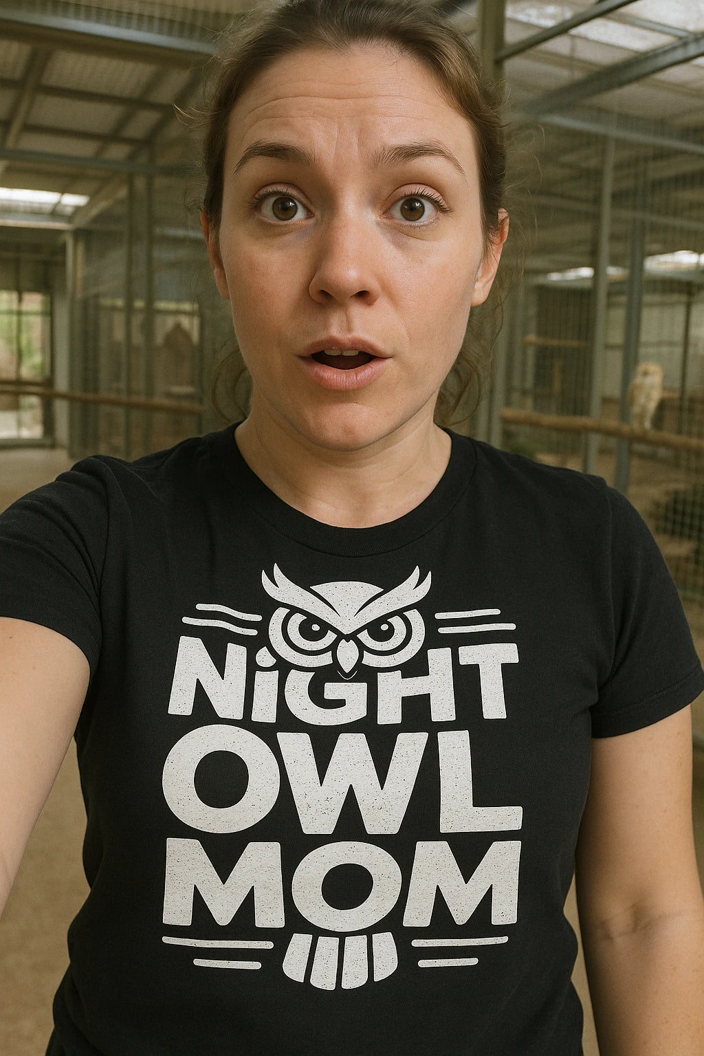 "Night Owl Mom" black owl t shirt, photographed as presents for owl lovers