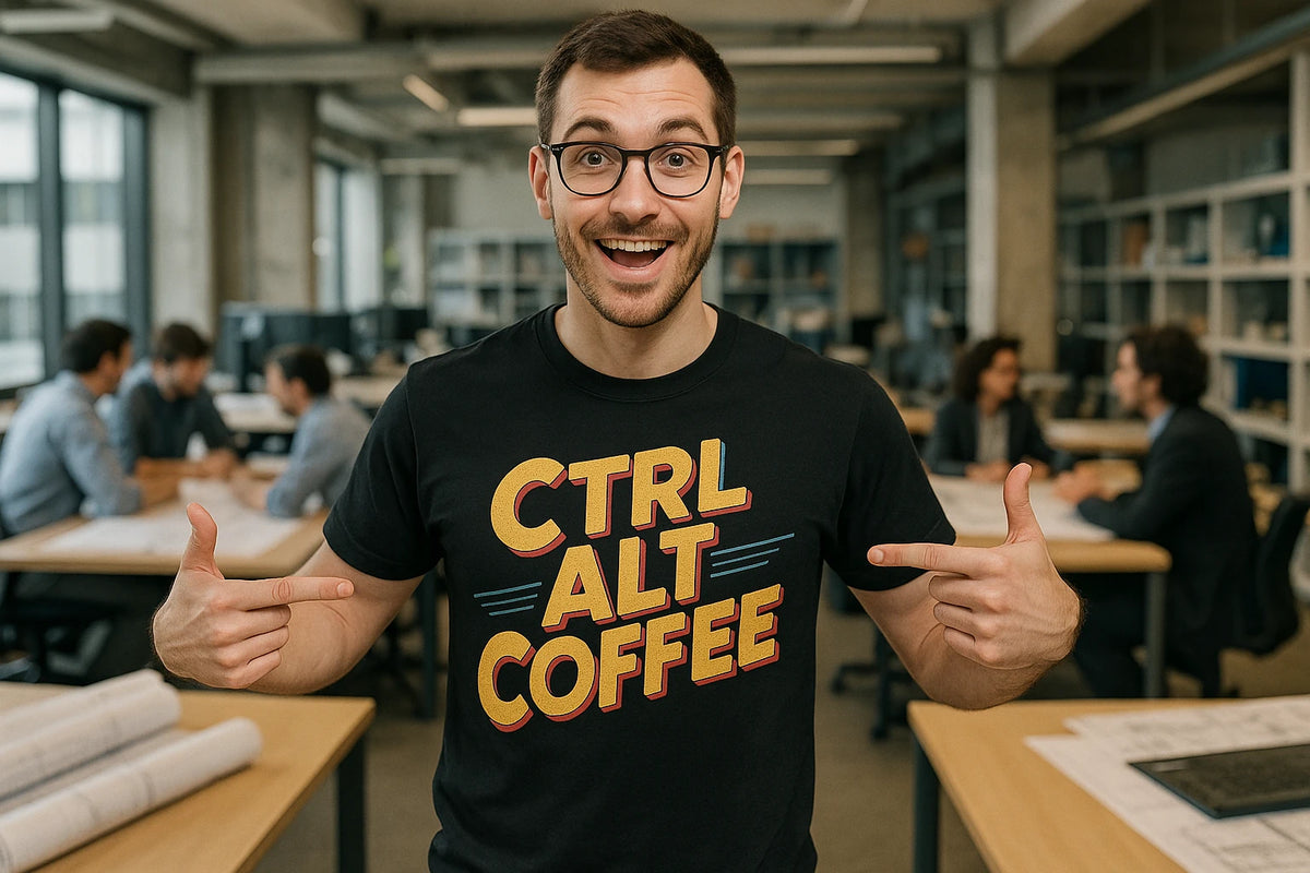Lifestyle shot of the "Ctrl Alt Coffee" black engineer t shirts funny in a real-world setting
