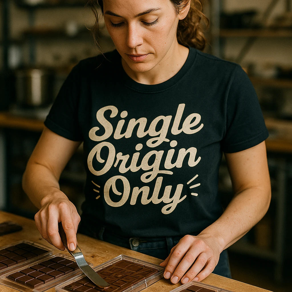 "Single Origin Only" black chocolate brown t shirt - also a chocolate and flowers gift basket