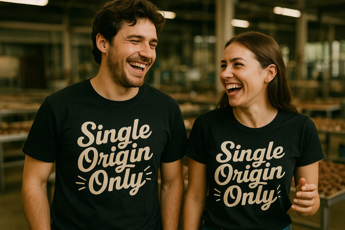 Person wearing the black chocolate brown t shirt graphic tee - "Single Origin Only" design