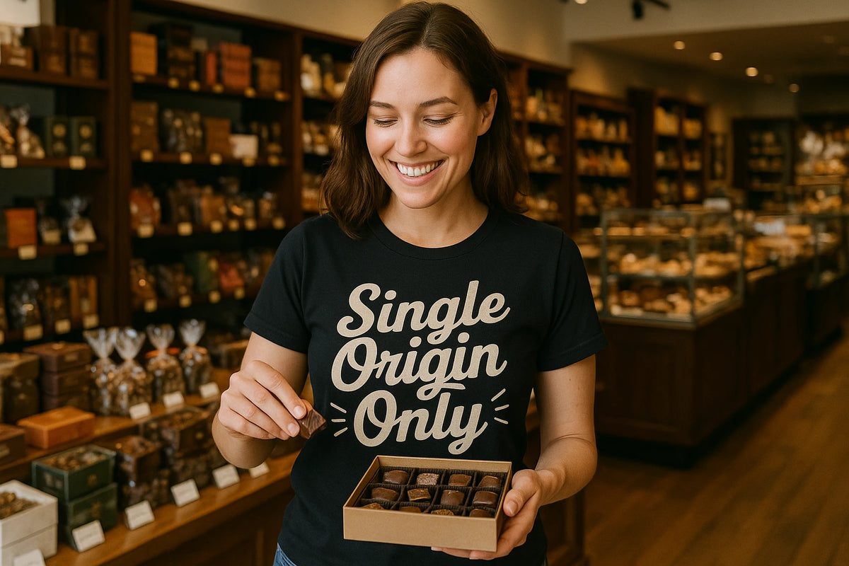 Lifestyle shot of the "Single Origin Only" black chocolate brown t shirt in a real-world setting