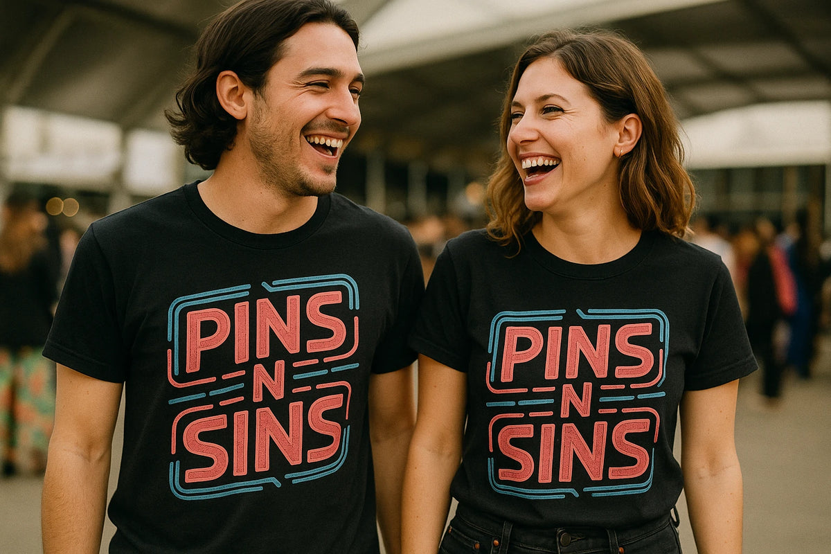 Person wearing the black fashion designer shirts graphic tee - "Pins N Sins" design