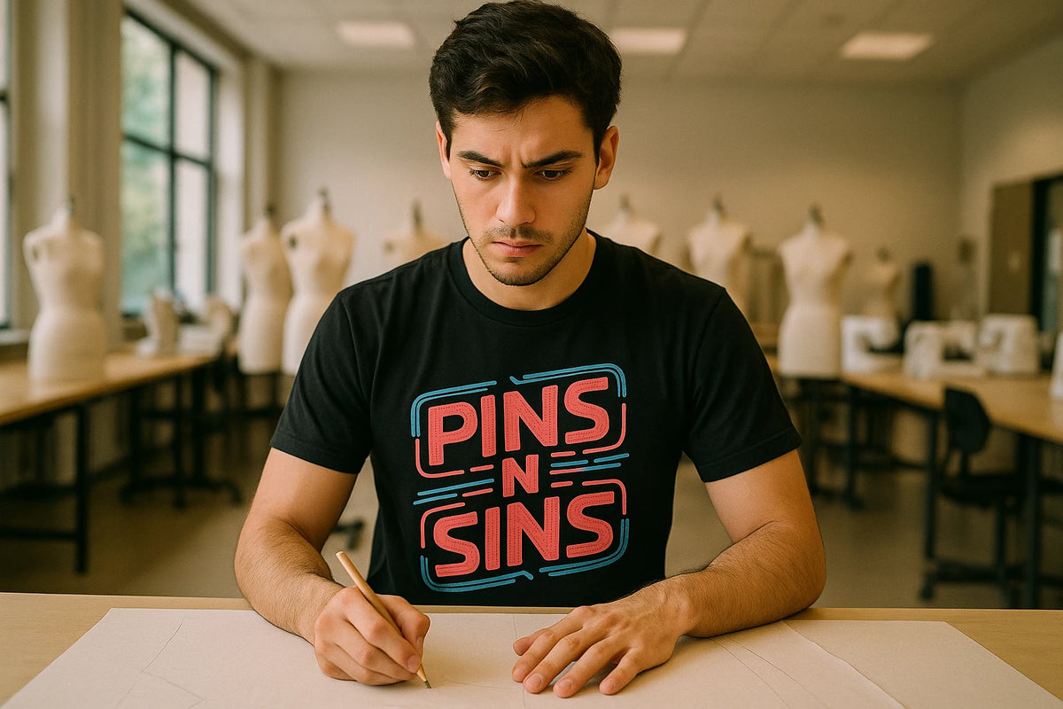 Lifestyle shot of the "Pins N Sins" black fashion designer shirts in a real-world setting