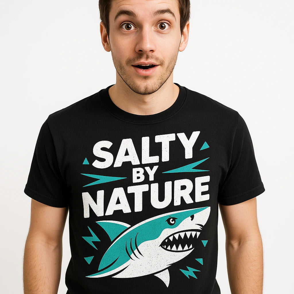 Close-up of the "Salty By Nature" white print on a premium Bella+Canvas black marine biology t shirt