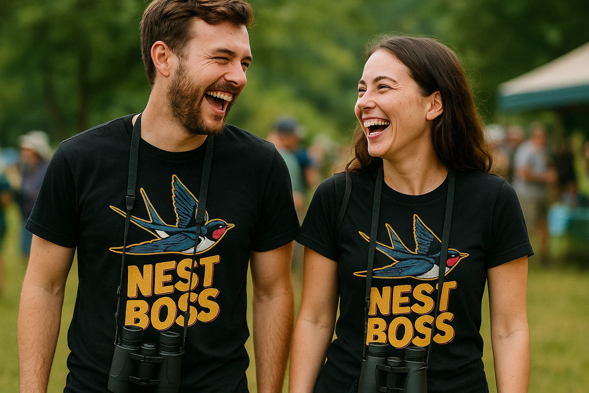 Person wearing the black swallow t shirt graphic tee - "Nest Boss" design
