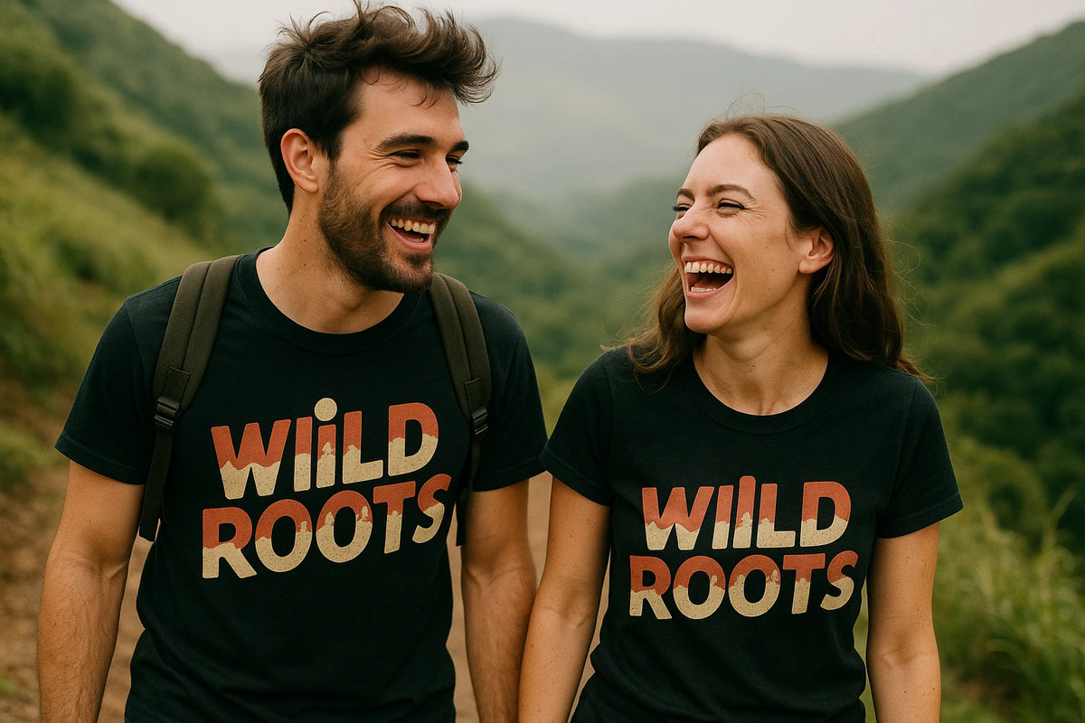 Person wearing the black ultra running shirts graphic tee - "Wild Roots" design