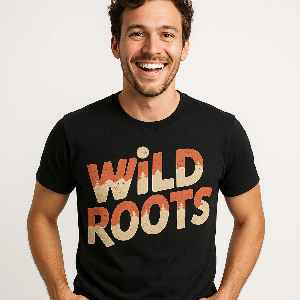 Close-up of the "Wild Roots" beige print on a premium Bella+Canvas black ultra running shirts
