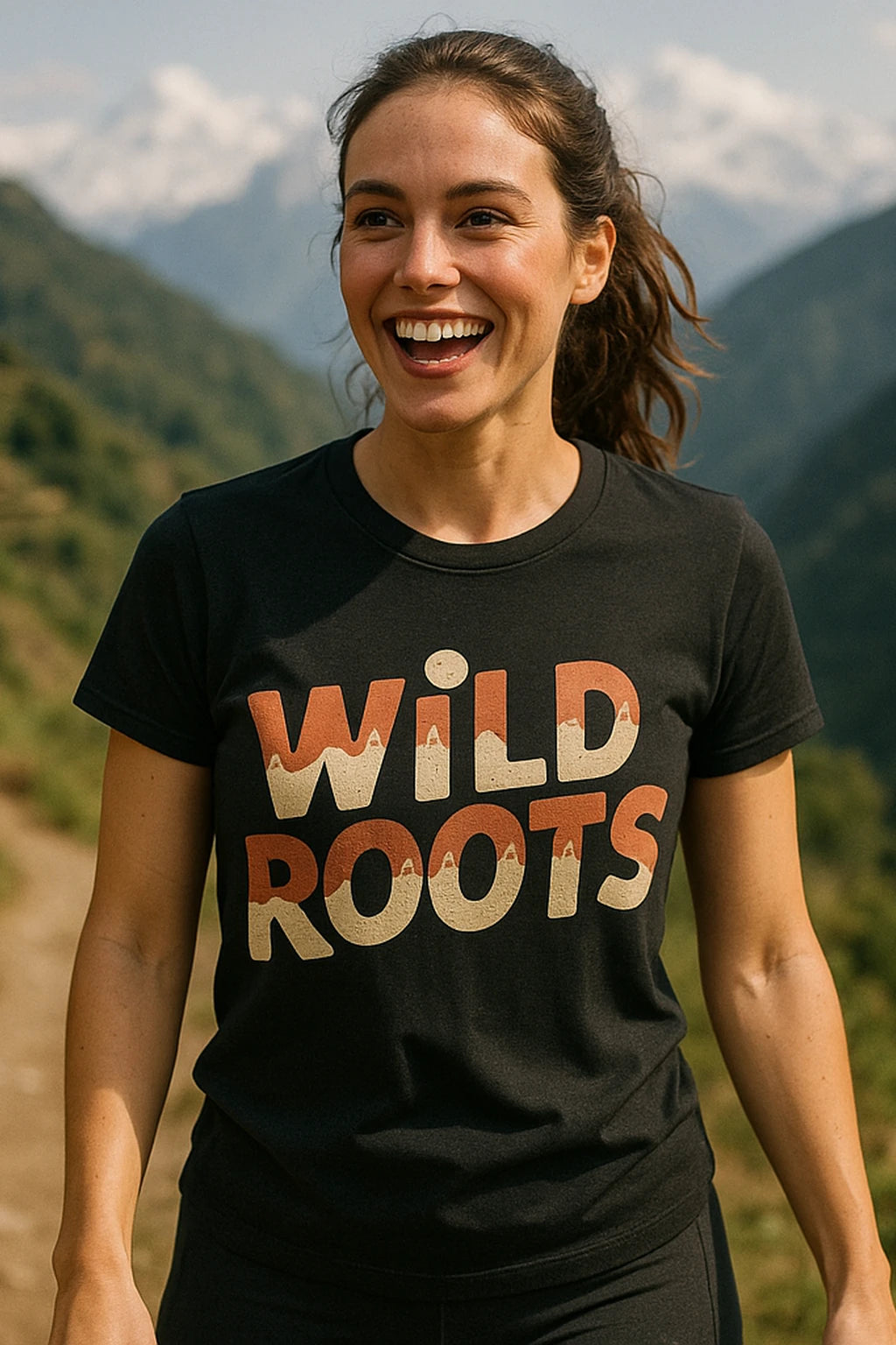 "Wild Roots" black ultra running shirts, photographed as trail running lover gift