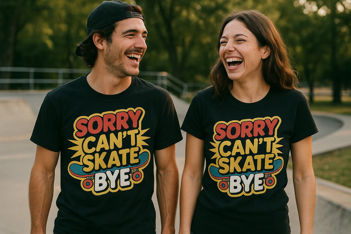 Person wearing the black skateboard tees graphic tee - "Sorry Can'T Skate Bye" design