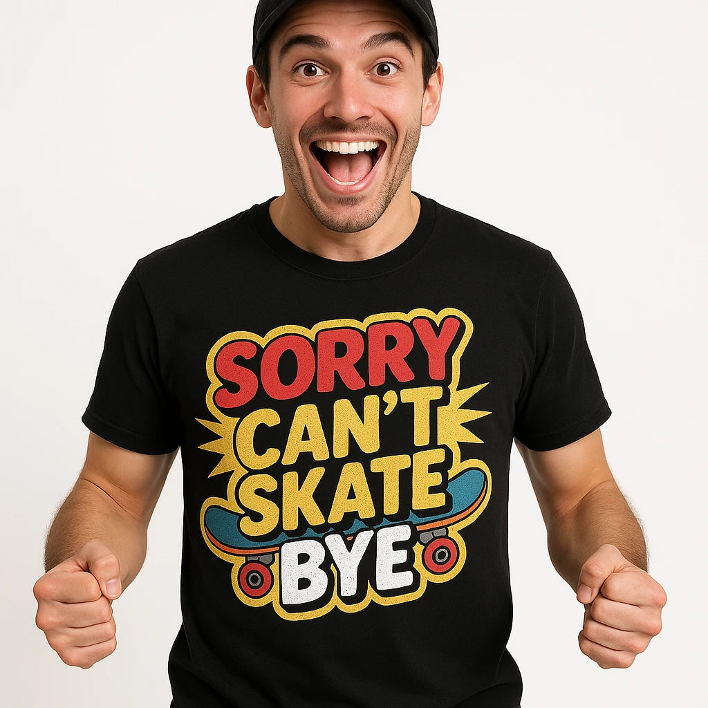 Close-up of the "Sorry Can'T Skate Bye" tan print on a premium Bella+Canvas black skateboard tees