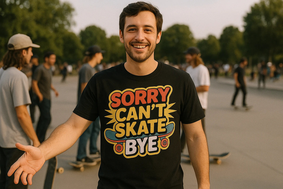 Lifestyle shot of the "Sorry Can'T Skate Bye" black skateboard tees in a real-world setting