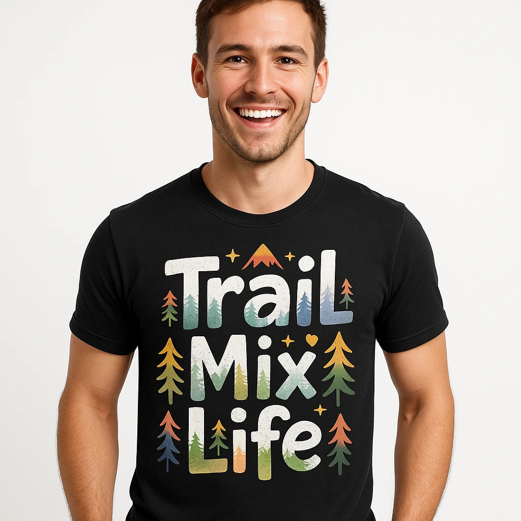 Close-up of the "Trail Mix Life" gray print on a premium Bella+Canvas black hiking shirts women