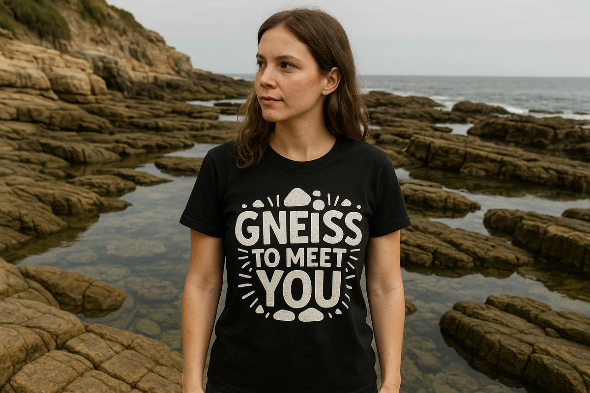 Lifestyle shot of the "Gneiss To Meet You" black geology t shirt in a real-world setting