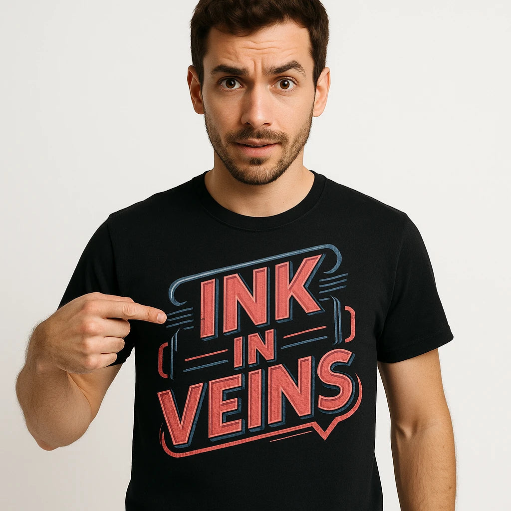 Close-up of the "Ink in Veins" pink print on a premium Bella+Canvas black journalist t shirt