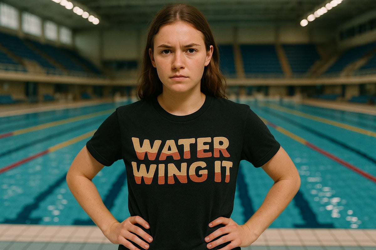 Lifestyle shot of the "Water Wing It" black sun protection shirts for swimming in a real-world setting