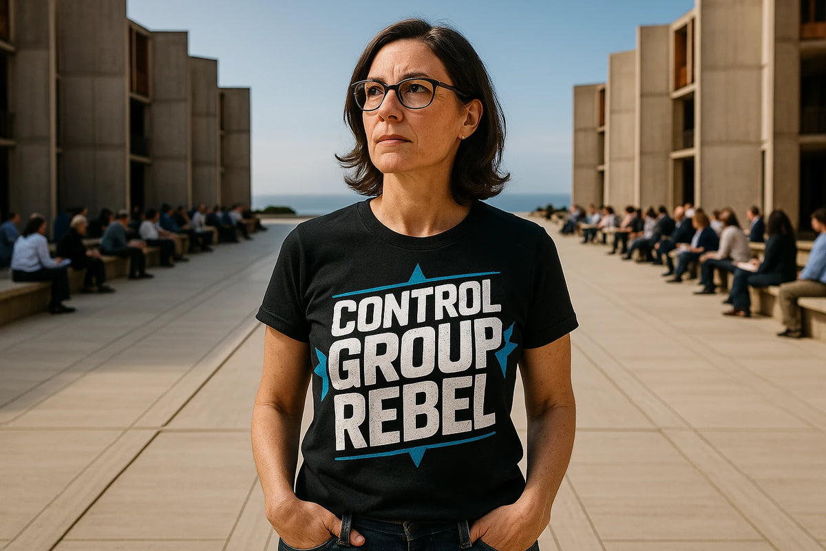 Lifestyle shot of the "Control Group Rebel" black scientist shirts in a real-world setting