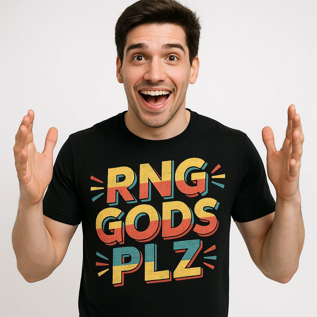 Close-up of the "Rng Gods Plz" gold print on a premium Bella+Canvas black video game tees