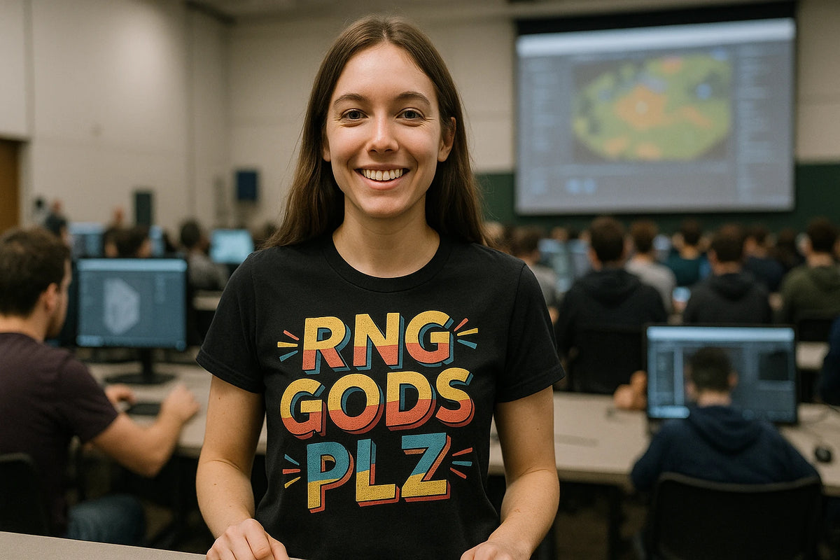 Lifestyle shot of the "Rng Gods Plz" black video game tees in a real-world setting