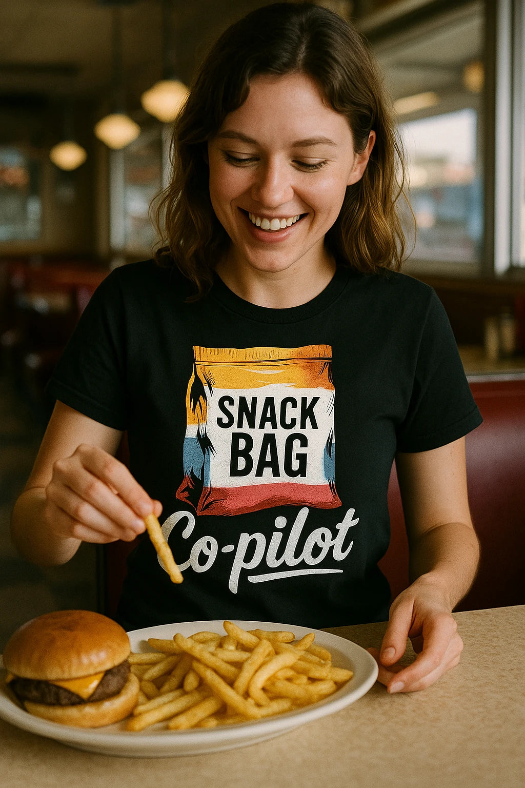 "Snack Bag Copilot" black road trip t shirt, photographed as gifts for road trip lovers
