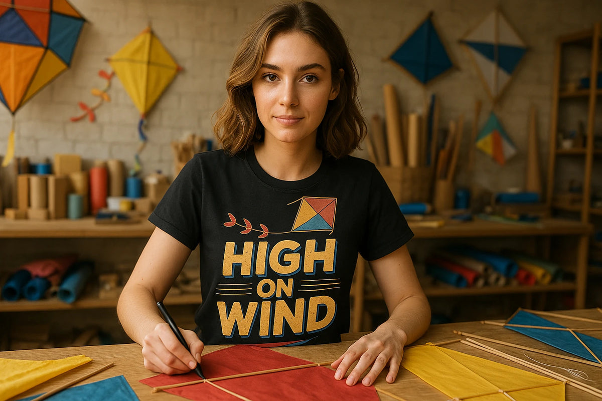 Lifestyle shot of the "High on Wind" black kite flying t shirt in a real-world setting