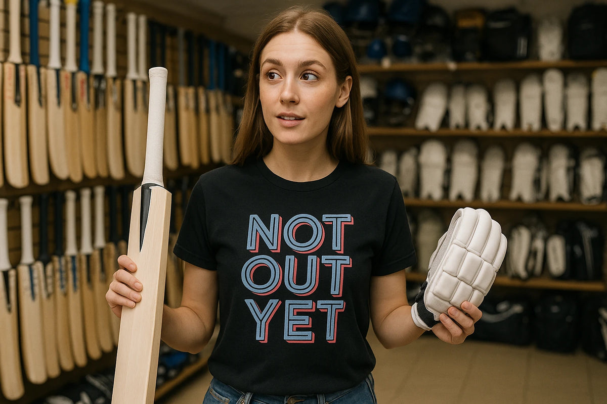 Lifestyle shot of the "Not Out Yet" black cricket shirts in a real-world setting