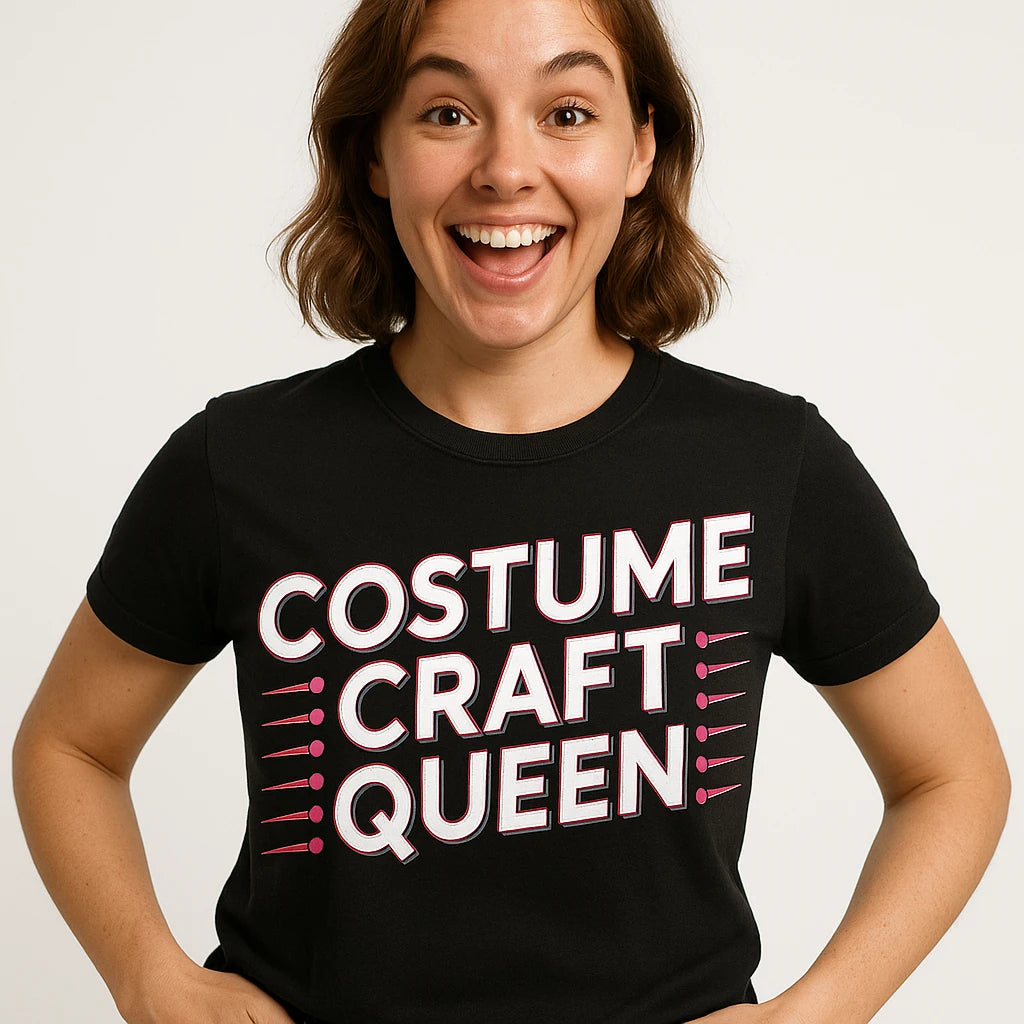 Close-up of the "Costume Craft Queen" white print on a premium Bella+Canvas black cosplayers t shirt