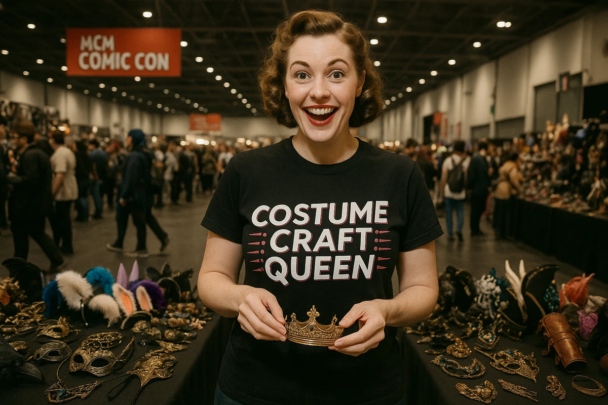 Lifestyle shot of the "Costume Craft Queen" black cosplayers t shirt in a real-world setting