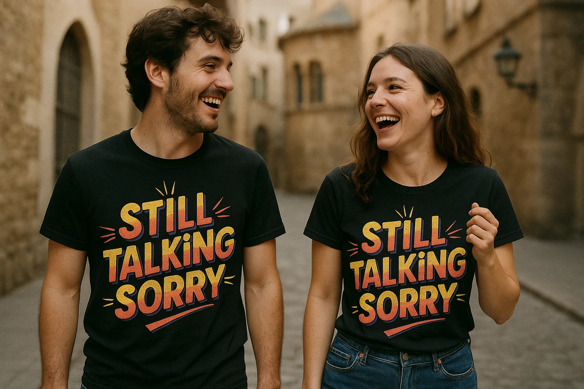 Person wearing the black personalized travel guide graphic tee - "Still Talking Sorry" design