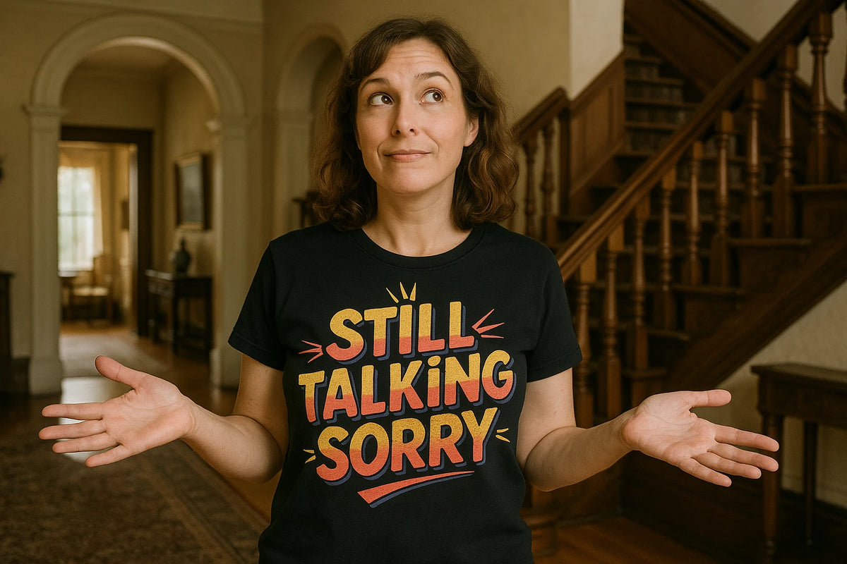 Lifestyle shot of the "Still Talking Sorry" black personalized travel guide in a real-world setting