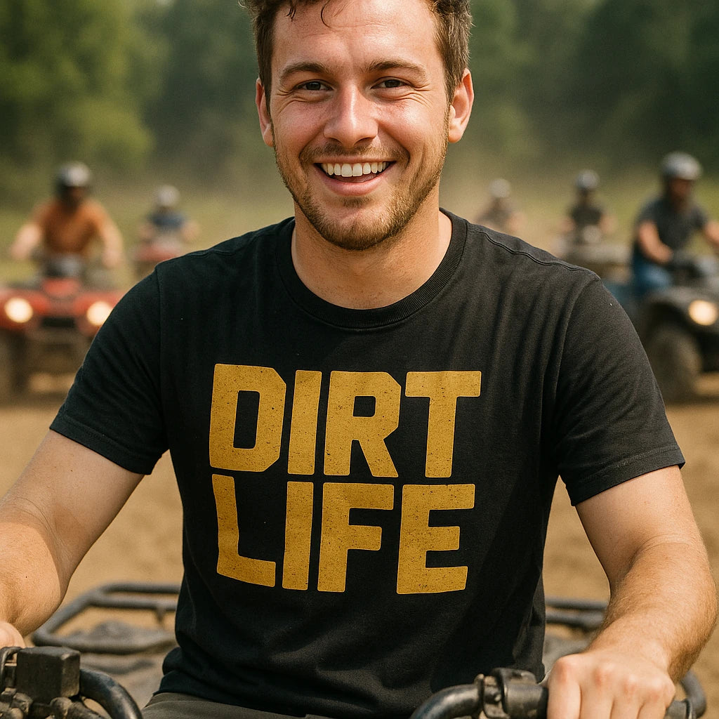 "Dirt Life" black atv t shirt, photographed as gifts for atv riders