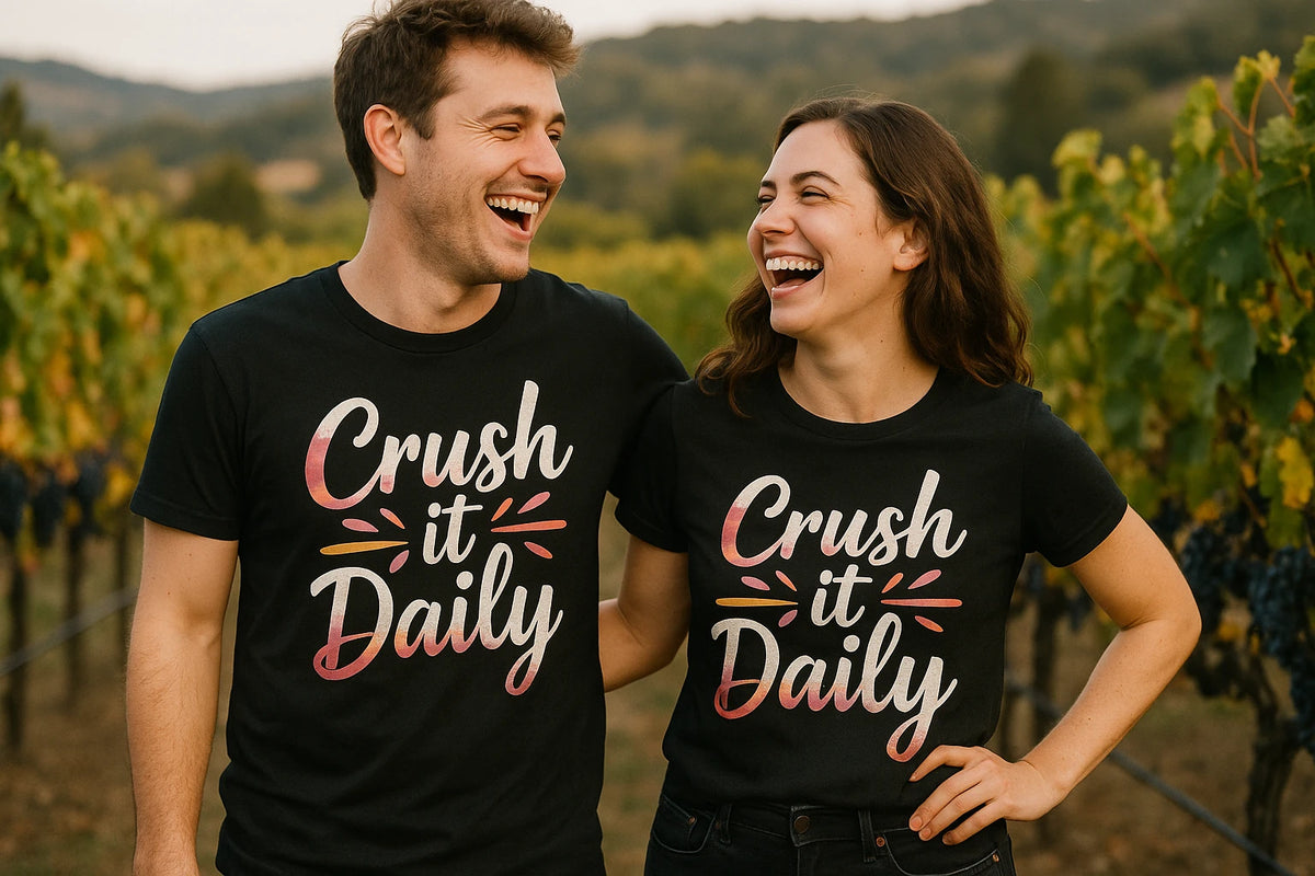 Person wearing the black winemaker t shirt graphic tee - "Crush It Daily" design